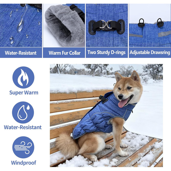 Водонепроникний та вітронепроникний теплий зимовий одяг для собак - куртка з інтегрованим шлейкою, розмір M (також доступний L, колір: синій, червоний)