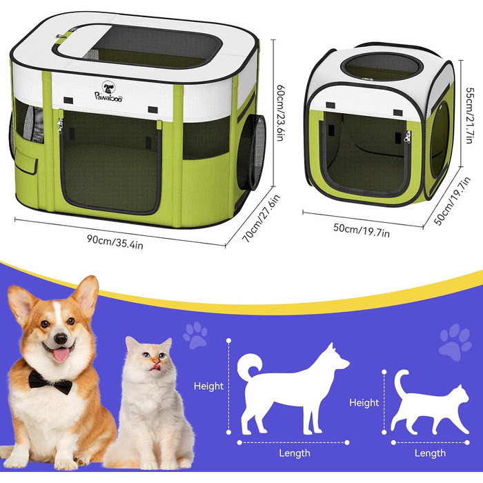 Pawaboo Зручний переносна клітка для тварин, розкладний вольєр для собак та котів з водонепроникного оксфорду, з сумкою для перенесення та мискою, для цуценят, котів, кроликів, для використання в приміщенні та на вулиці, зелений, 80x60x55 см (3-в-1 вольєр