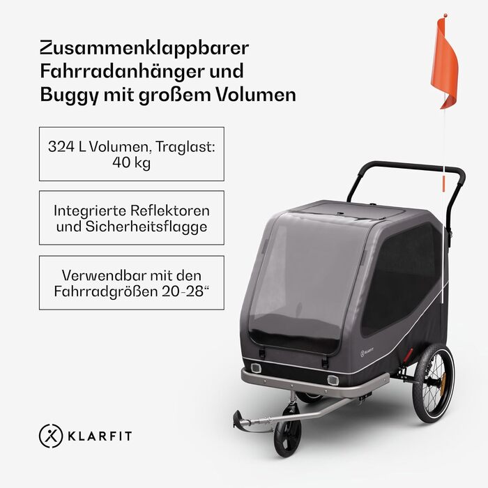 Причіп для собак Klarfit Goldie Home, 334 л, водовідштовхувальний, для дому та вулиці, вантажопідйомність 40 кг, складаний, 16-дюймові колеса