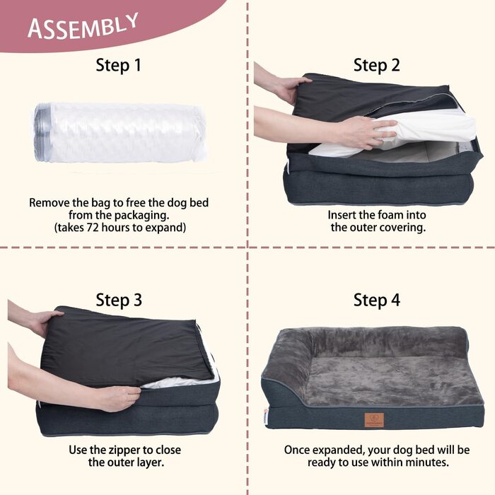 Ортопедичне собаче ліжко преміум-класу з піною Egg Foam, міцна петля, водонепроникний внутрішній чохол, собаче ліжко-софа, м'яке собаче ліжко, знімний та пральний чохол, 71 x 58 x 17 см, темно-сірий колір (L)