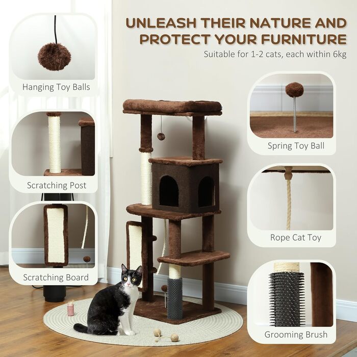 Котячий комплекс PawHut 132 см з когтеточкою, платформами, кулями та килимком, коричневий (55x44x132 см)