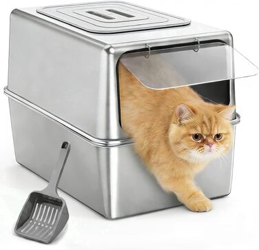 Сталевий лоток для великих котів Zarler XL з кришкою, 58x37x26 см, з високими бортами від розбризкування наповнювача, сріблястий