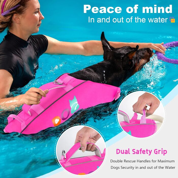 Жилет для плавання собак Dogcheer з подвійним рятувальним ручним захопленням, високою плавучістю, для човнів, плавання, з світловідбиваючими елементами, регульований, PFD для маленьких, середніх собак, рожевий