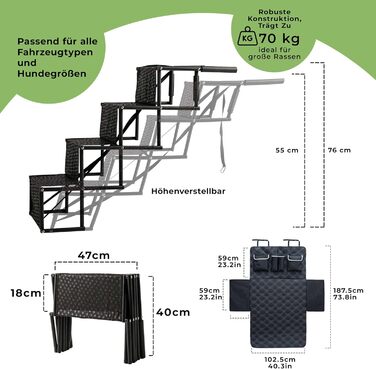Рампа для собак у багажник авто з захистом, 4 сходинки, 55–76 см, до 70 кг, складана, з килимком