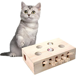 Інтерактивна іграшка для котів BOHJPIS з дерева: мишка-молот, пазл-коробка з іграшками, 5 отворів для тренування та розваг