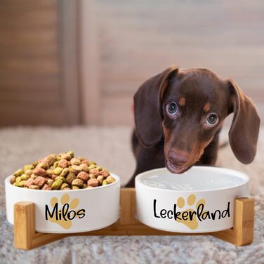 Керамічний подвійний набір мисок з іменем для собак та котів 'Велика лапа' - персоналізований набір мисок з/без підставки | Миска для собак, годівниця, миска для котів | Годівниця (2x 500 мл, підставка)