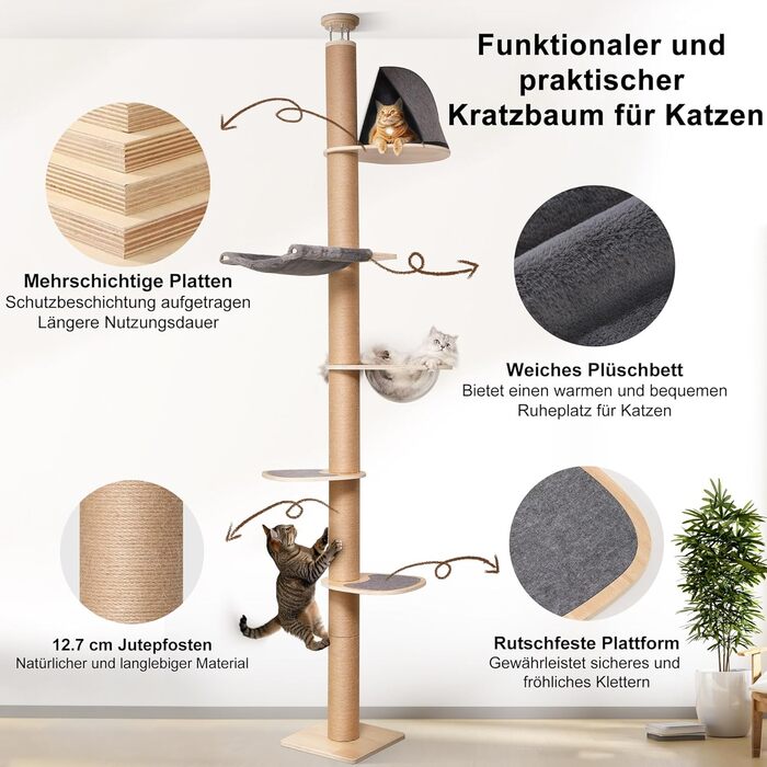 Дерев'яний кігтеточки FUKUMARU з 6 ярусами, сірий (280-300 см), для котів, з гамаком та капсулою