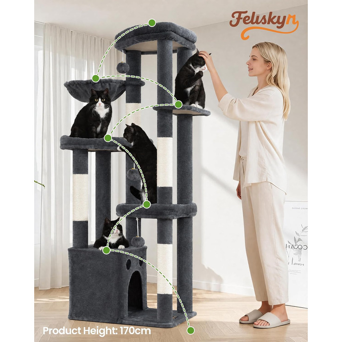 Комплекс для котів Kratzbaum XL 170 см сірий: будинок, дряпки, платформа, гойдалка