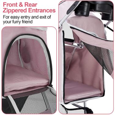 Візок для собак до 15 кг, складний, з кошиком для зберігання, сіткою, захистом від дощу, рожевий