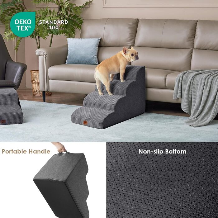 Сходинки для собак EHEYCIGA - 50 см, сірі. Зручні сходи для маленьких собак до дивану/ліжка. 4 сходи, матеріал - високощільний губчастий, з антиковзким покриттям та знімним чохлом. Розміри: 72 x 40 x 50 см.