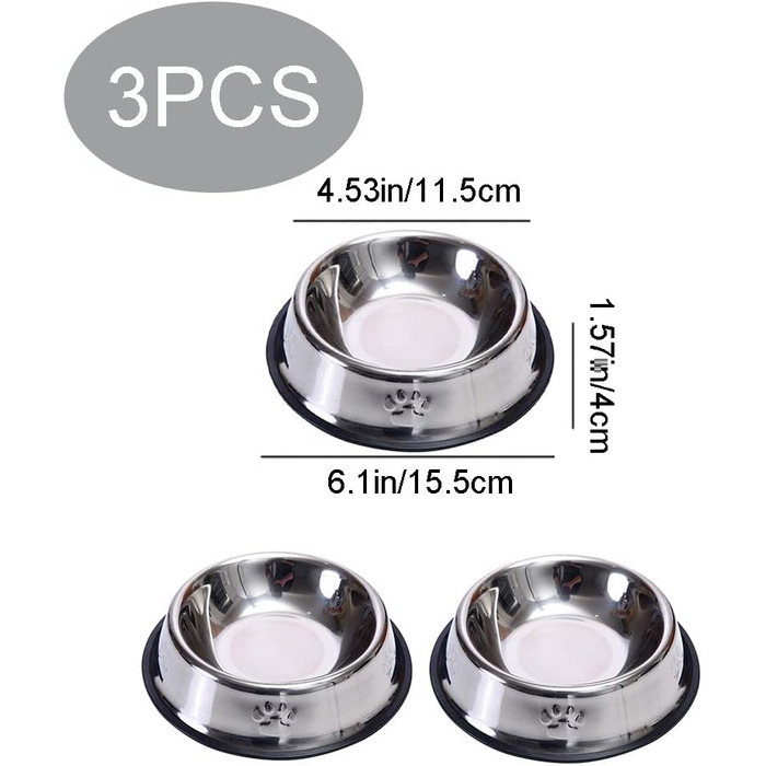 Набір з 3 мисок для котів з нержавіючої сталі, антиковзкі, для котів та кошенят