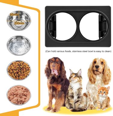 Підвищений годівниця для собак та котів 2-в-1, 4 регульовані висоти, підставка Anti-Slip з нержавіючою чашею, чорний (44 x 27,5 x 7 см)