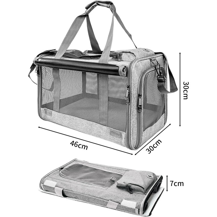 Транспортна переноска для котів та собак, 46x30x30 см, темно-сіра, складана, з вентиляційною сіткою та кишенею, до 10 кг