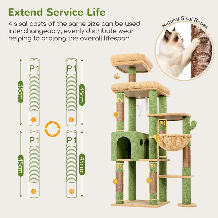 Драбина-будинок для котів Globlazer XL, 167 см, зелена, з платформами, корзиною та іграшками. Стабільна для 2-4 котів.