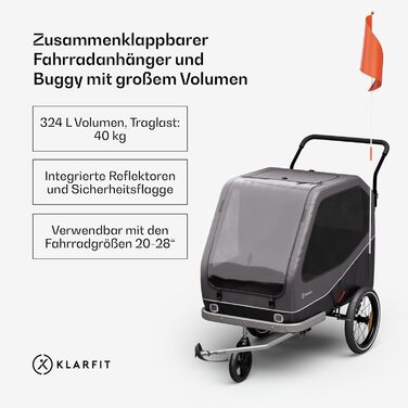 Причіп для собак Klarfit Goldie Home, 334 л, водовідштовхувальний, для дому та вулиці, вантажопідйомність 40 кг, складаний, 16-дюймові колеса