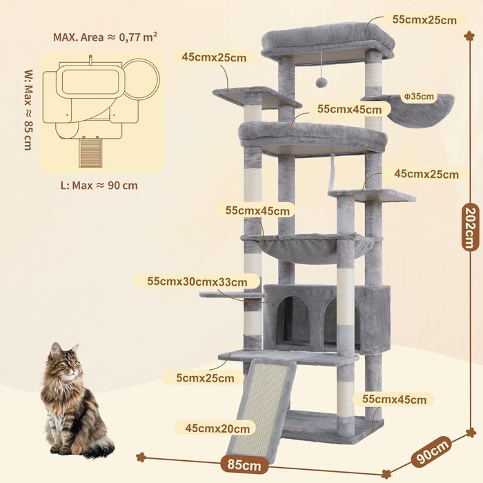Кігтеточка Heybly для котів, 202 см з 2 великими лежаками, когтешкребком, великою печерою, кошиком, сизалевим стовпом та гамаком. Підходить для дорослих котів, світло-сіра HCT038W