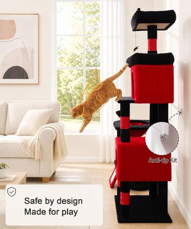 Комплекс для котів Kratzbaum XL 173 см: Дряпка-стовпчик з печерами, платформами, кошиком та іграшками (PMT02DG, Чорний+Червоний)