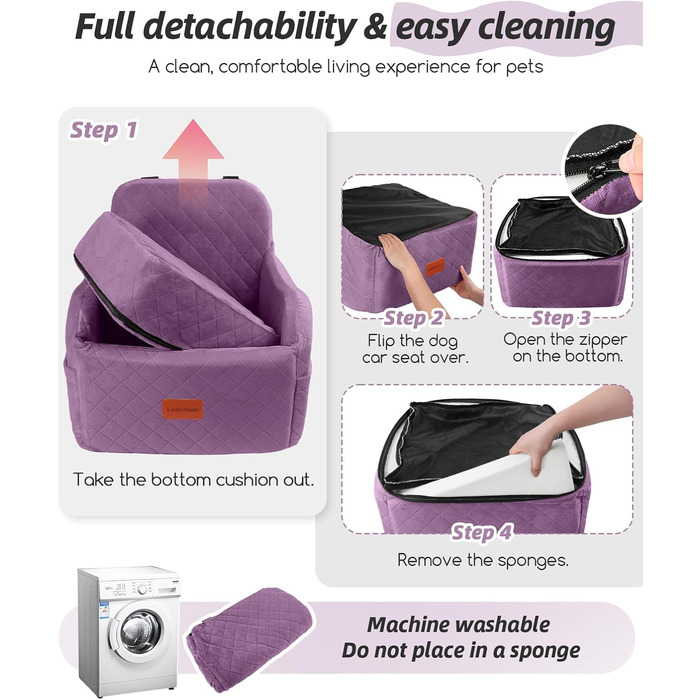 Автокрісло для собак маленьких та середніх порід, м'яке переноське автокрісло для цуценят з піднятим подушкою, повністю знімний та пральний автокрісло для домашніх тварин з 2 собачими повірцями (Purple, Medium)