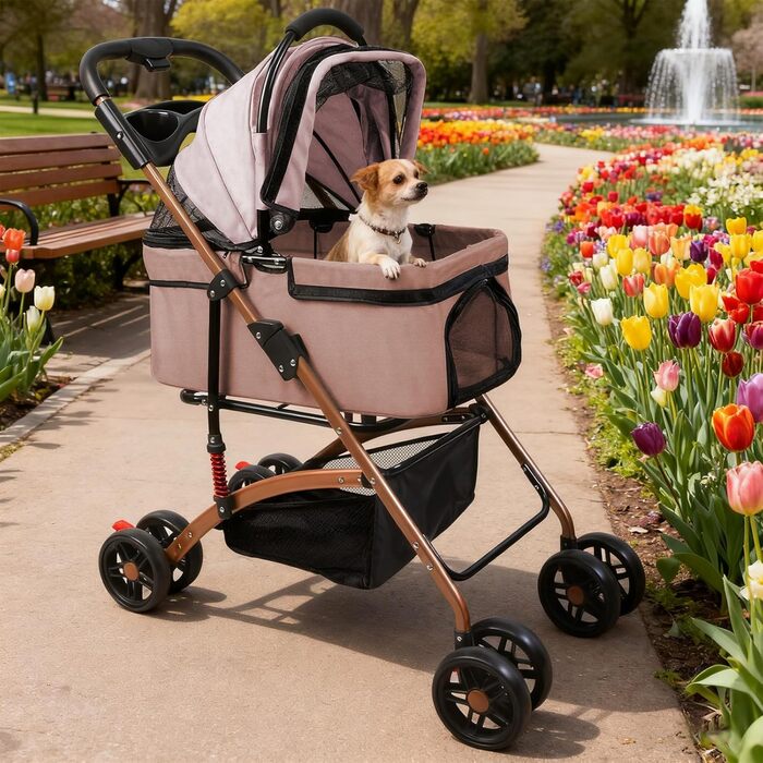 Візок для собак 3 в 1, розкладний, для маленьких собак та котів, знімний кошик, сітка, Oxfordstoff, до 20 кг (Хакі)