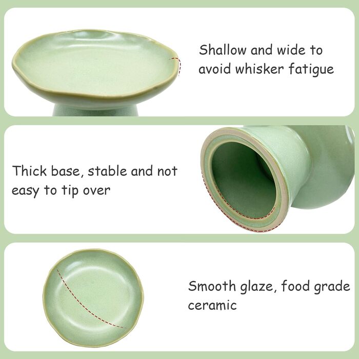 Керамічні миски для котів, 2 шт., 15.5 см, зелені - підняті, широкі, для води та корму