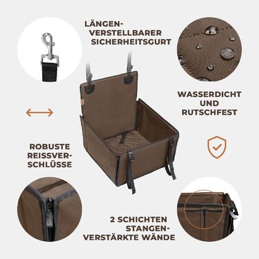 Автомобільний сидіння для собак WUGLO Extra Stable - посилене, для маленьких та середніх собак, 4 ремені, водонепроникне, коричневе