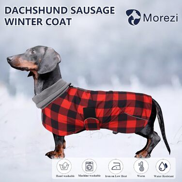 MOREZI Водонепроникна зимова куртка для собак, флісова підкладка, регульований пояс, світловідбиваючі елементи, для такс та схожих порід, розмір XS (довжина спини 29-32 см), в клітинку червоного кольору