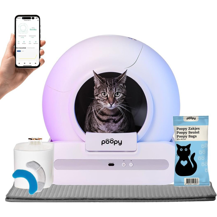 Poopy Nano 2 — автоматичний самоочисний туалет для котів з поїлкою, 100 пакетів для сміття та котячим килимком (працює з додатком і без)