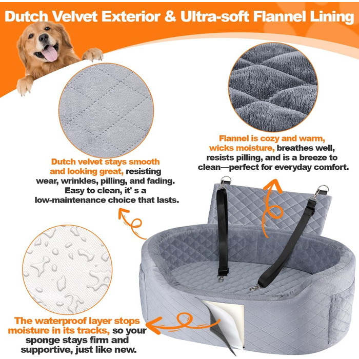 Підвищення для собак середніх та великих порід (до 25,4 кг), сірий колір, розмір L. Зручне автоліжко для собак з пам'яттю, з кишенями, ковдрою та ременем безпеки.