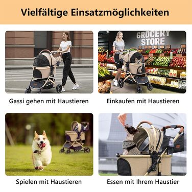 Візок для собак та котів 4-колісний, до 30 кг, для 2 котів, поворотні колеса, сітчасті вікна, 3-в-1 (Хакі, 39.8x77x102 см)