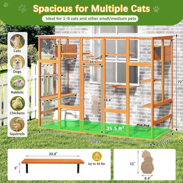 Catio Coziwow 264.2 см - великий вольєр для котів на вулицю, багатоповерховий, з водонепроникним дахом, оранжевий