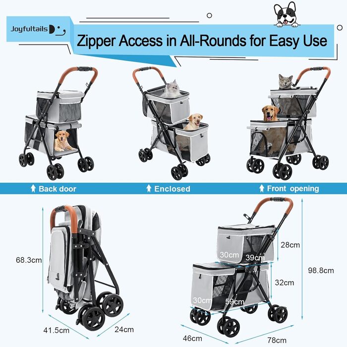 Візок для собак Joyfultails, складний, для маленьких собак та котів до 20 кг (сірий)