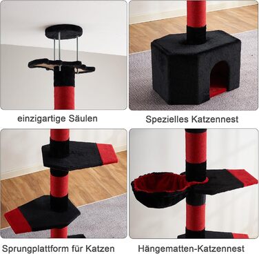 Мекідулу Кігтеточка для котів, 232-280 см, багатоярусна, регульована висота, обмотана чорним оксамитом та червоним сизалем (чорний, червоний)