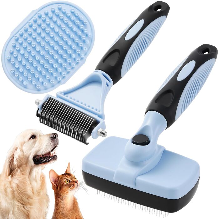 Набір для догляду за шерстю тварин: щітка для самостійного очищення, гребінець для видалення ковтунів та щітка для миття, синій, 3 шт. (для котів та собак)