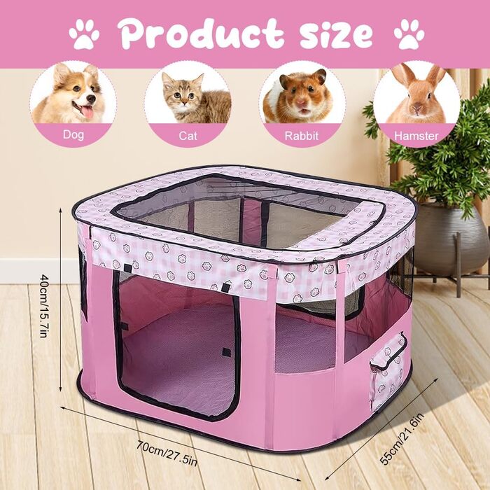 Клітка-забіг для цуценят та собак, портативна, 70x55x40 см, рожева
