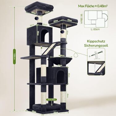 Комплекс для котів Globlazer з будиночками, лежаками та когтеточками, 189 см, XXL, темно-сірий