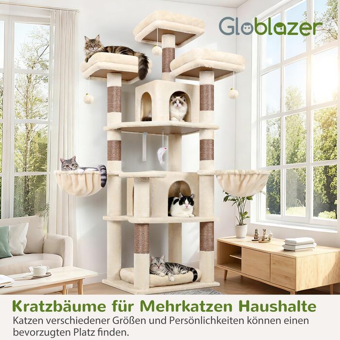 Ігровий комплекс для котів Globlazer F68B: кігтеточка з 3 платформами та 2 будиночками, 174 см, бежевий