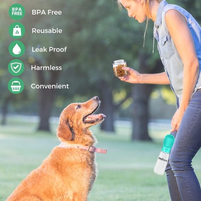Водяна пляшка для собак на ходу 550 мл з контейнером для корму 100 г - Без витоку, велика місткість, підходить для собак та цуценят, аксесуар для собак (Синій)