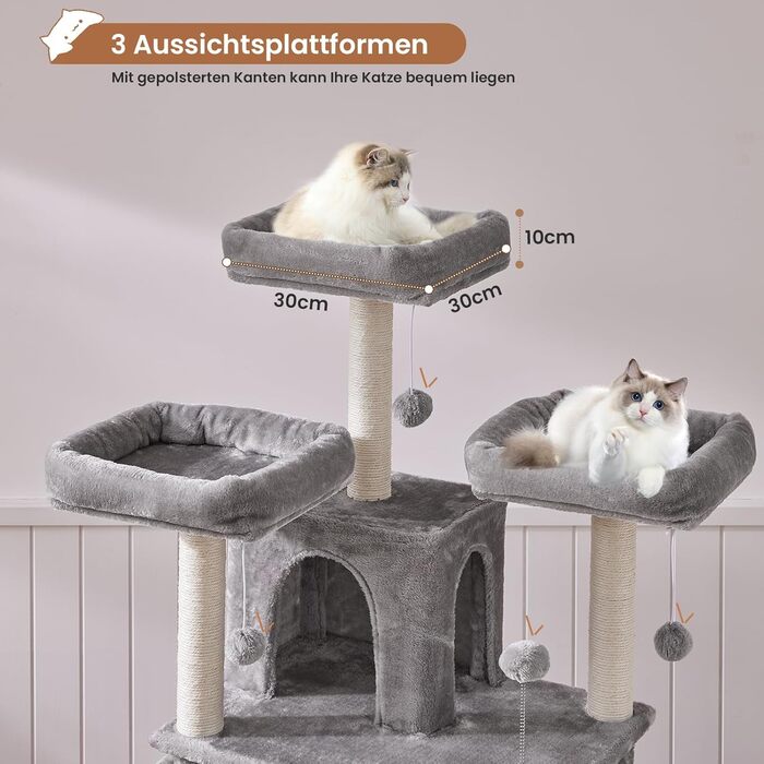 Драбина для котів MSmask XXL, велика та стійка, з 3 оглядовими платформами, з сизалевими стовпчиками, сірого кольору