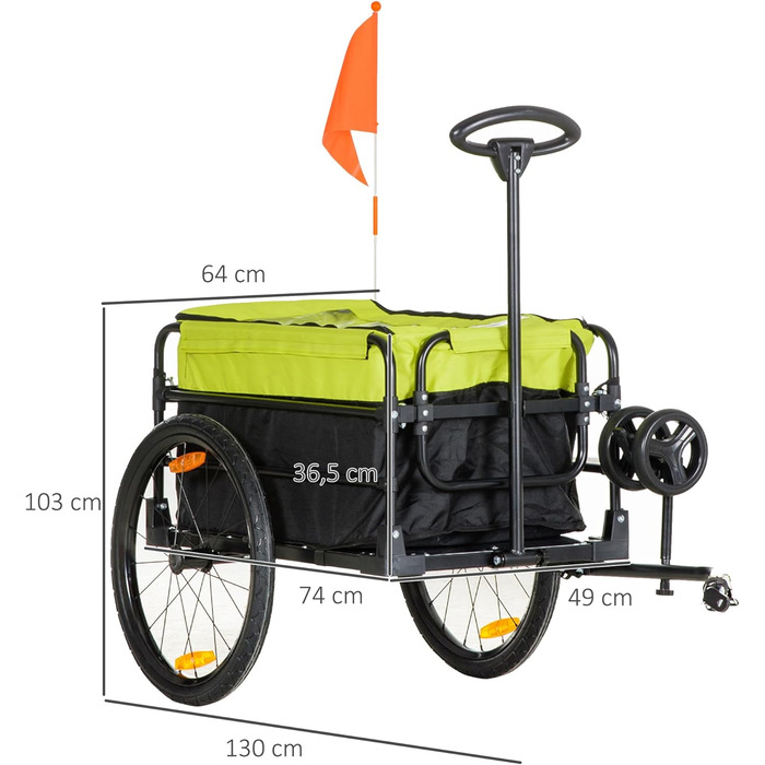 HOMCOM 2-в-1 Причіп для велосипеда, вантажний причіп, транспортний причіп для велосипеда з 20-дюймовими повітряними шинами, вантажопідйомність 40 кг, сталь, оксфордська тканина, 130 x 64 x 64/103 см (Чорний+Жовтий)