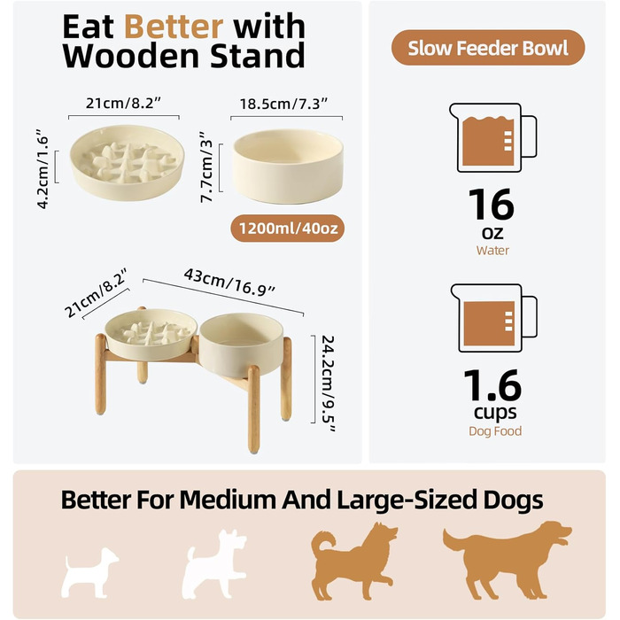 Підвищена годівниця для собак та котів Havniva з кераміки, для повільного годування, 13 см та 15,5 см миски, дерев'яний підставник, 2 шт. світло-зелений + підставка, 8.2 дюйми