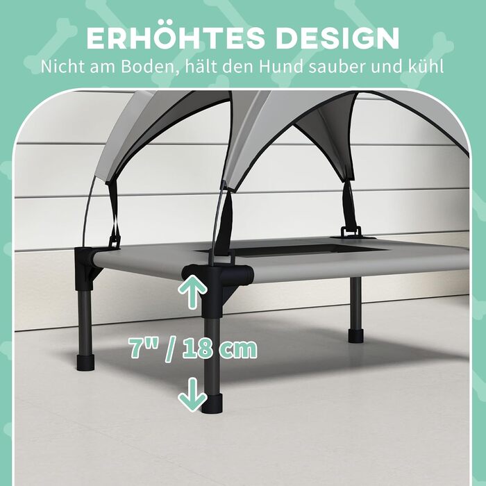 PawHut Підвищене собаче ліжко з балдахіном, ліжко для домашніх тварин, вулична лежанка для собак з дахом, дихаюча, для маленьких та середніх собак, Оксфорд 76 x 61 x 69,5 см (Д 61 x Ш 46 x В 63 см, світло-сірий)