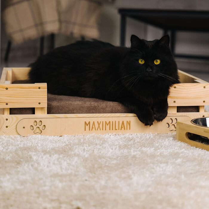 Персоналізоване ліжко для котів LAUBLUST з іменем - гравіювання лапок та імені - котяче ліжко/софа для великих та маленьких котів | Ліжко-лежанка з дерева з подушкою | приблизно 60x40x15см, коричневе з коричневою подушкою
