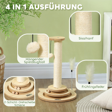 Кігтеточка PawHut 4-в-1, кігтеточка 49 см, кігтеточка Sisal Cat з ігровим м'ячем, кігтеточка для кішок для котів, меблі для дряпання кішок, кімнатна, дуб | Аосом