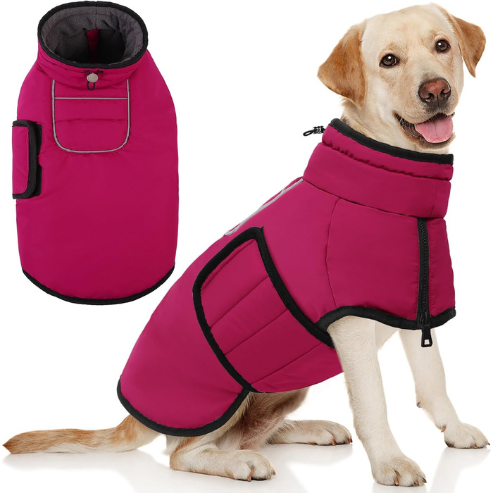 Теплий зимовий пуховик для собак великих порід AOFITEE, водонепроникний пуховик з коміром-гетром, з отвором для шлейки, рожевий (XL)