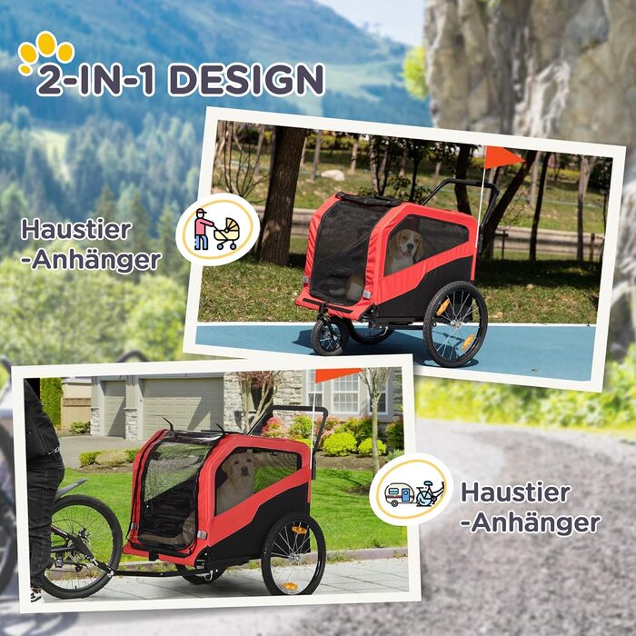PawHut Причіп для собак 2-в-1, велосипедний причіп для собак, візок для собак з відбивачами, максимальне навантаження 30 кг, для великих собак, матеріал Оксфорд, червоний