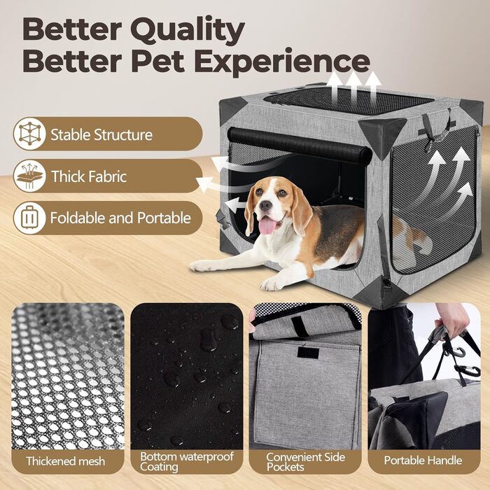 Складана переносна будка для собак великих порід, м'яка, для подорожей, для дому та вулиці, з міцним сітковим вікном (темно-сірий), 91.4 x 63.5 x 63.5 см