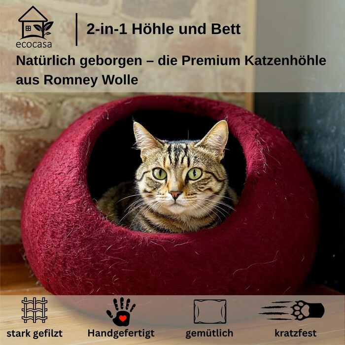 Кігтеточка-будиночок для котів XL, з вовни Romney, бордовий колір