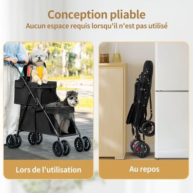 Дитяча коляска 3 в 1 для собак та котів, складні, з 4 EVA-колесами, ручка, 3 вікна з сітки, тримач для напоїв, для маленьких та літніх собак, тролей для людей з обмеженими можливостями (67 x 50 x 95 см, Чорний)