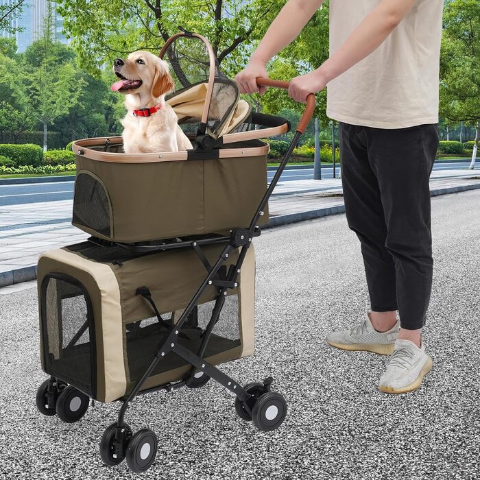 3 в 1 візок для собак до 35 кг – розбірний двоярусний візок, легкий та складаний, дихаючий, з колесами на 360°, ідеальний для 2 собак або котів (темно-зелений)