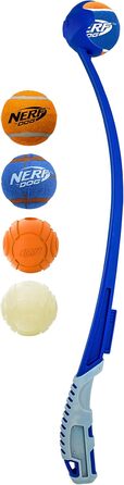 Іграшка для собак Nerf Dog Air Strike Thrower 63,5 см, прозорий, набір з 5 м'ячами 6,3 см, легкий, міцний, водостійкий, для малих, середніх і великих порід